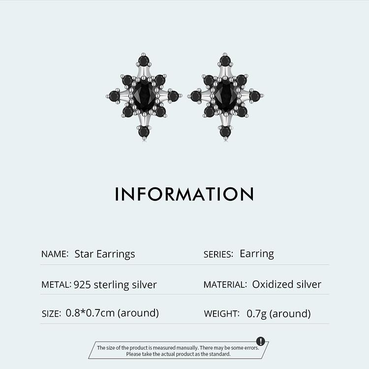 BAMOER Real 925 Sterling Silver Black White CZ Star Stud Earrings For Women European Gothic Ear Studs Wedding Party Jewelry Gift