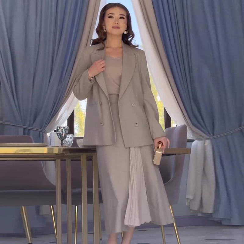 2024 Autumn Women's Solid Color Elegant Long Dress Suit - Versatile Two-Piece Set