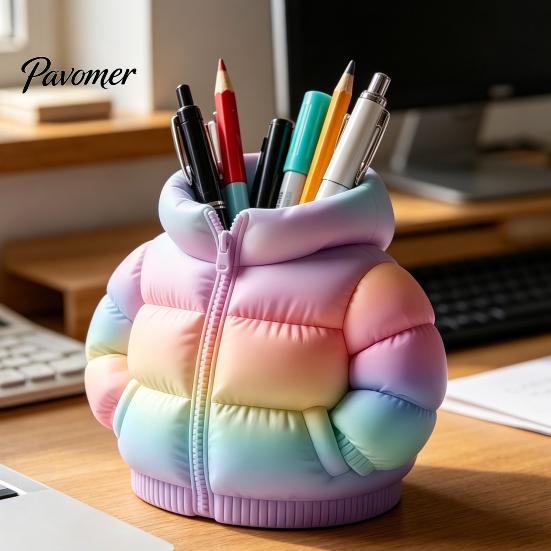 Pen And Pencil Holder Puffer Jacket Shaped Cup, 3D Printed Desk Organizer, Creative Teacher Gift Coat for Makeup Brushes, Home Office Decor