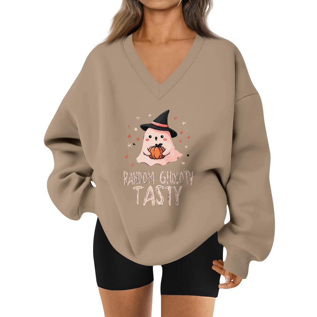 Women's V-neck Dropped Shoulder Halloween Print Sports Sweatshirt Top