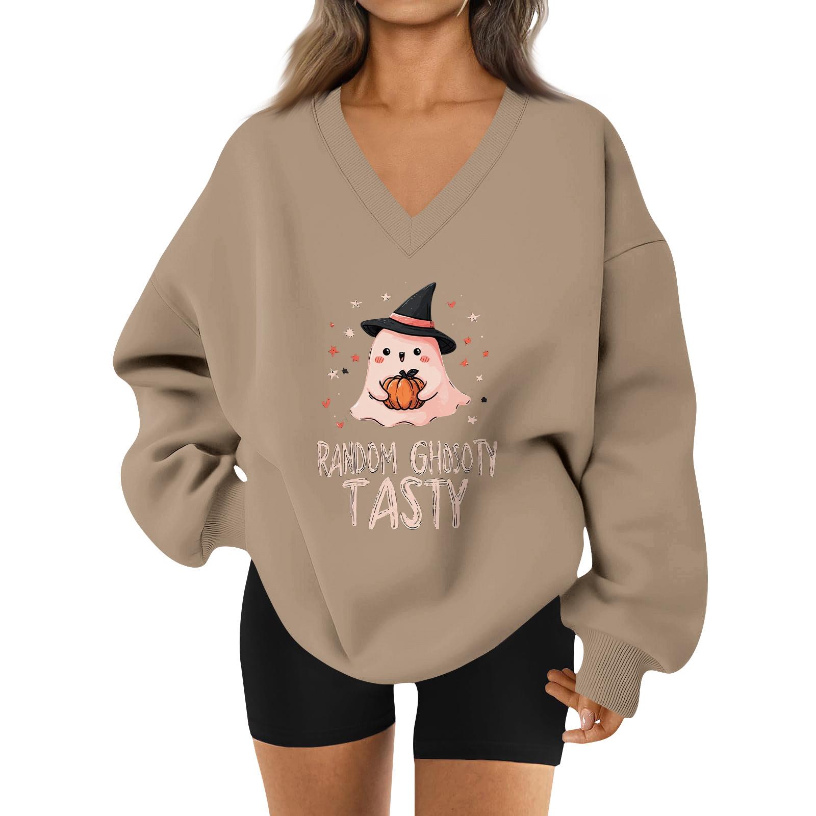 

Женский спортивный свитшот с V-образным вырезом, приспущенным плечом и принтом на Хэллоуин XXL хаки