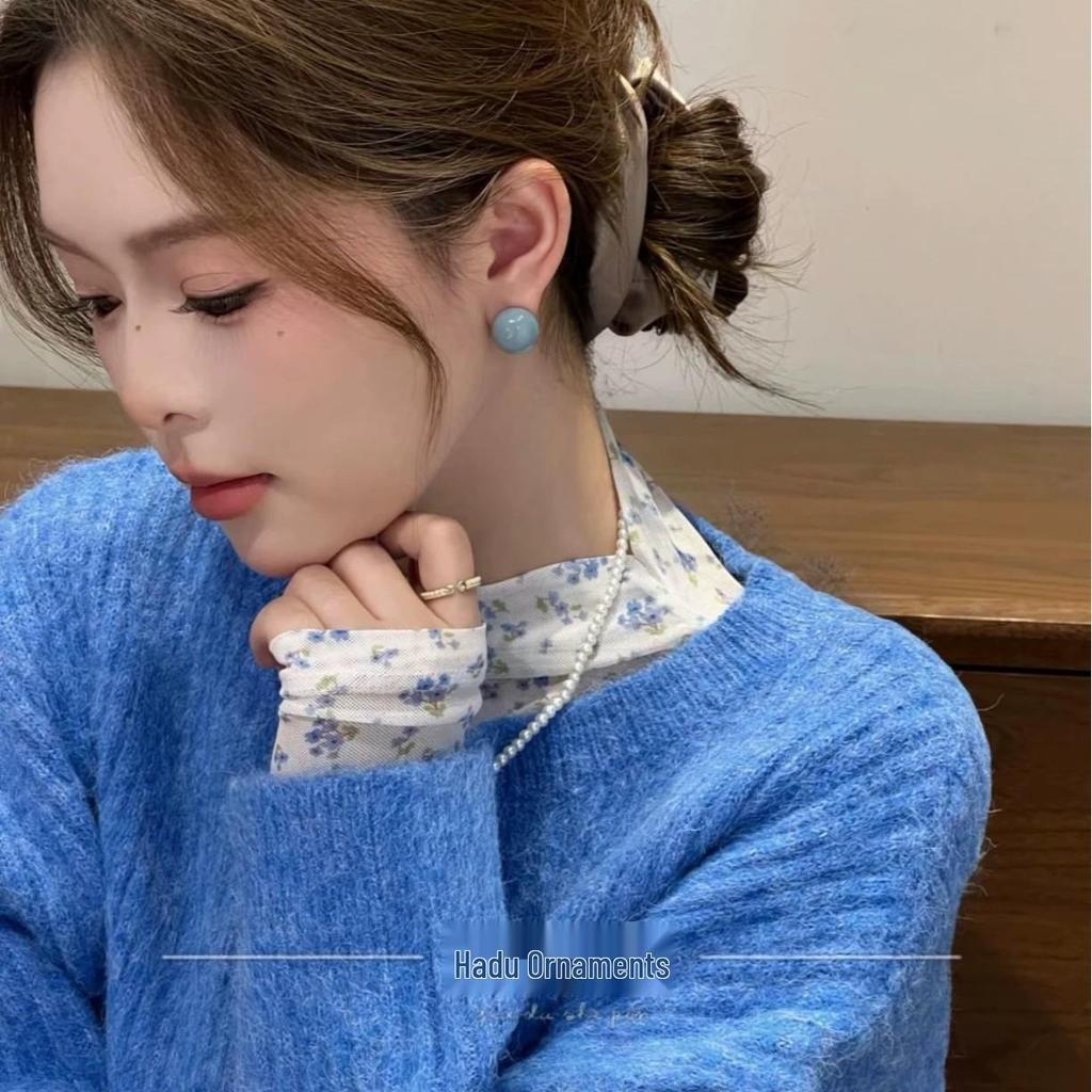 Korean Style Blue Round Ball Earrings - Sweet & Cute Spring/Summer Jewelry