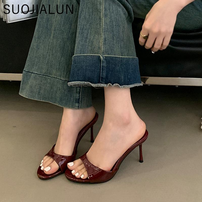 Fashion SUOJIALUN 2025 Summer New Brand Women Slipper Fashion Open Toe Slip On Slides Ladies Elegant Thin High Heel Dress Pumps Slides