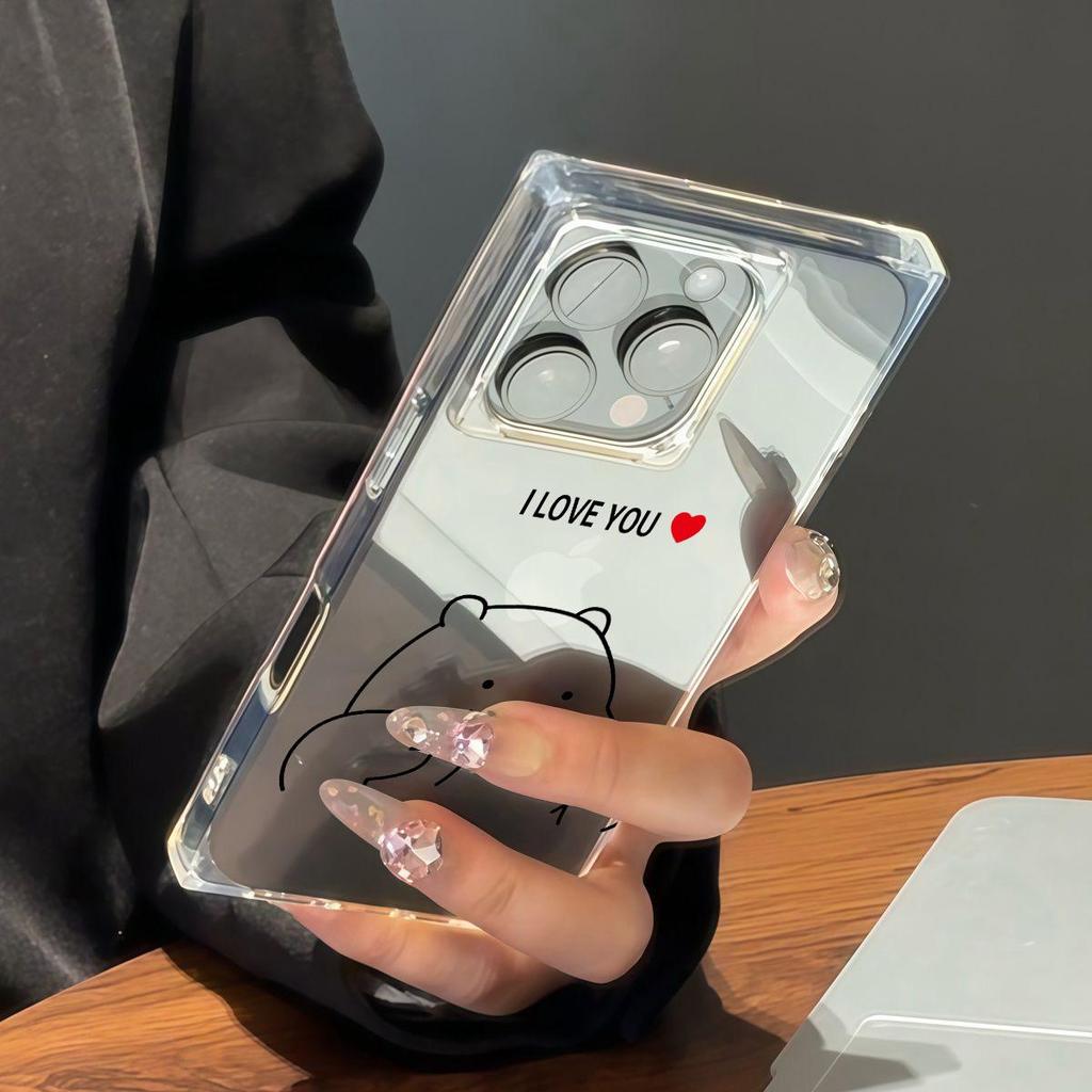 Clear Square Back Tube Case Protection For iPhone 13 11 14 Pro Max 15 Plus 16 ProMax 12 Anti-Oxygen,Cute Bear Pattern Casing