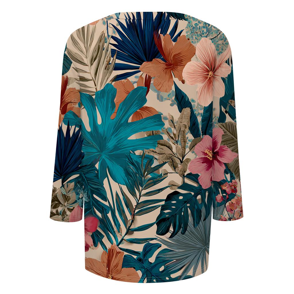 Women's Fashionable Casual Round Neck Three-quarter Sleeve Hawaiian Print T-shirt Top