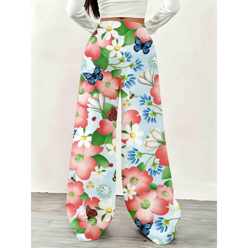 Women's Floral Wide-leg Pants, Butterfly Flower Printing, Casual and Comfortable Loose Version
