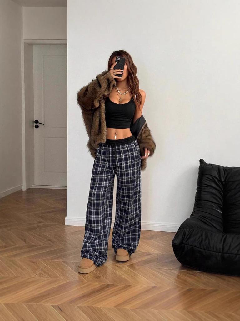 Plaid Patchwork High Waist Casual Sports Pants - Loose Lazy Style Straight Leg
