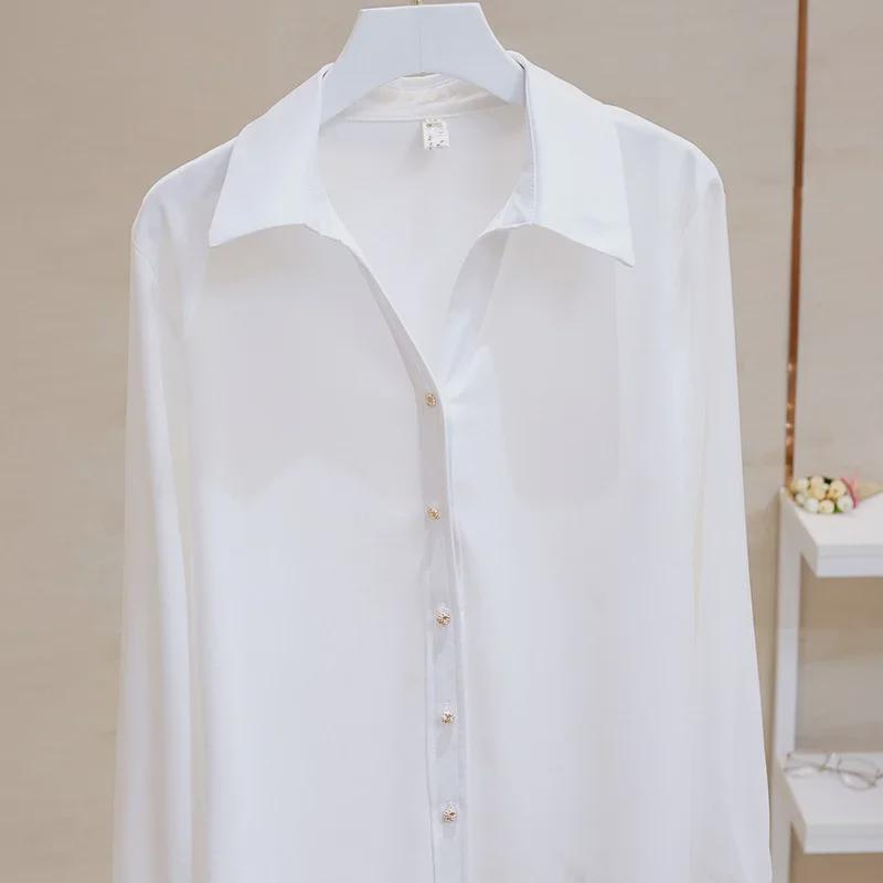 Elegantní dámská saténová šifonová košile s kovovými knoflíky - Volné dlouhé rukávy & Slim fit