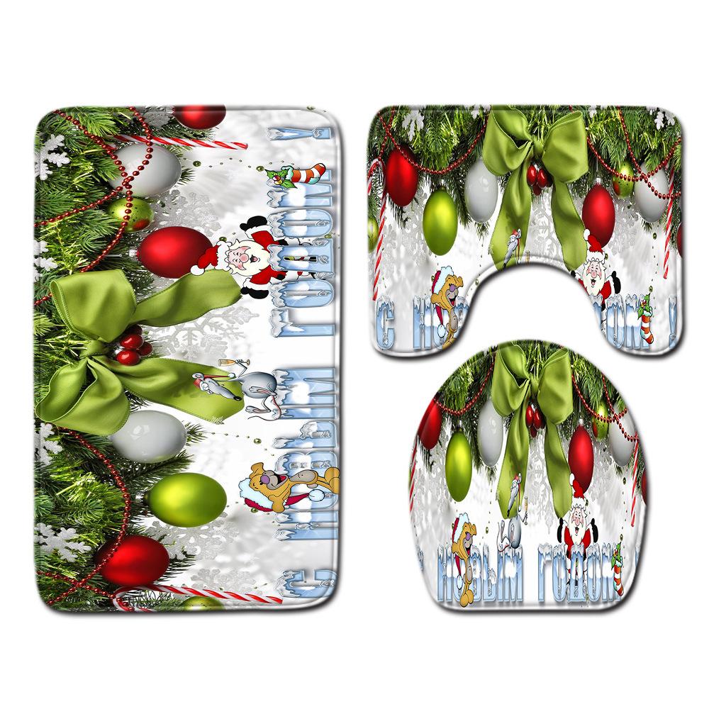Christmas Shower Curtain Floor Mat Combination Four-Piece Set Bathroom Toilet Carpet Shower Room Mat Foot Mat