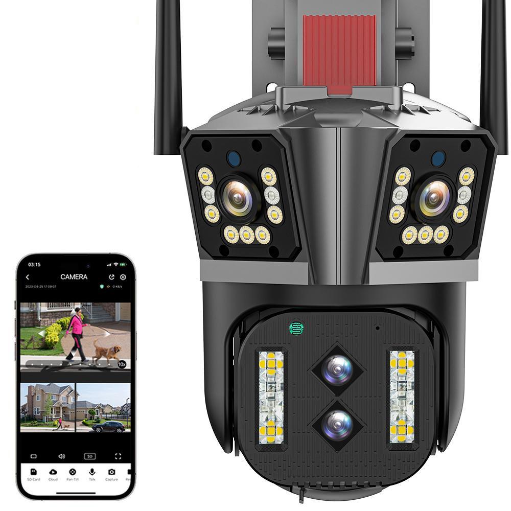 4K HD WIFI IP Camera 16MP 10X Hybrid Zoom Auto Tracking PTZ Camera Outdoor Four Lens Three Screen Security Cam 4K Surveillance