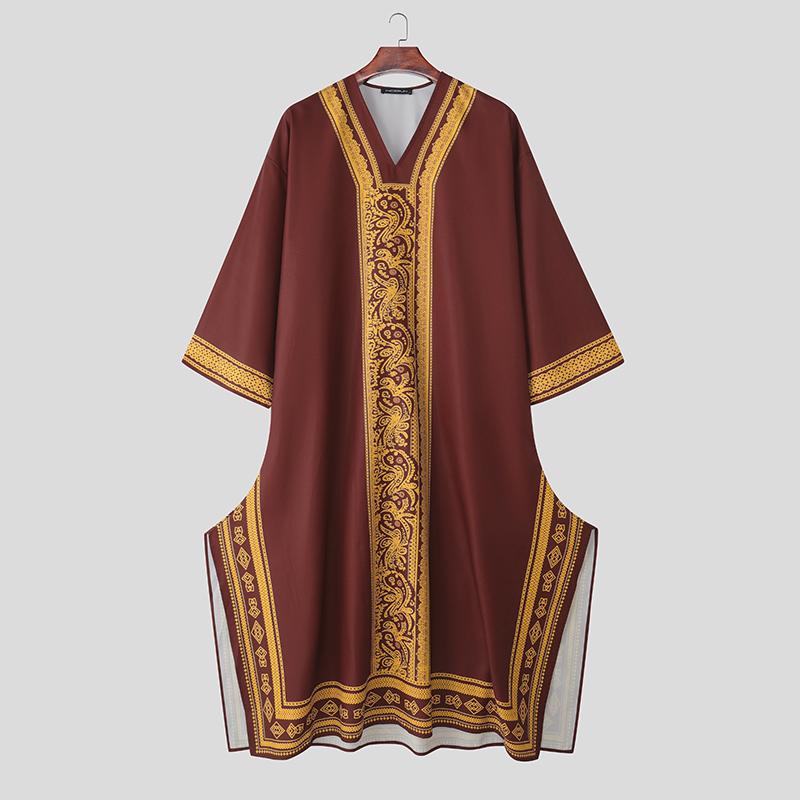 INCERUN Men Deep V Neck 3/4 Sleeve Floral Print Casual Loose Long Robes Tunic Tops