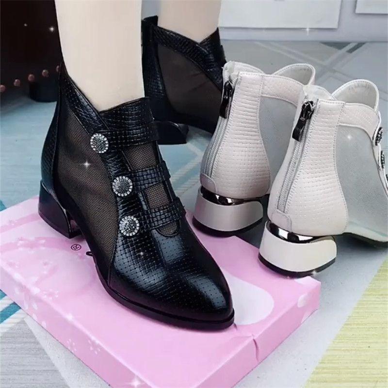 Soft leather boots women's hollow round head mesh cool boots women's autumn and winter new fashion versatile thick heel cool boots women