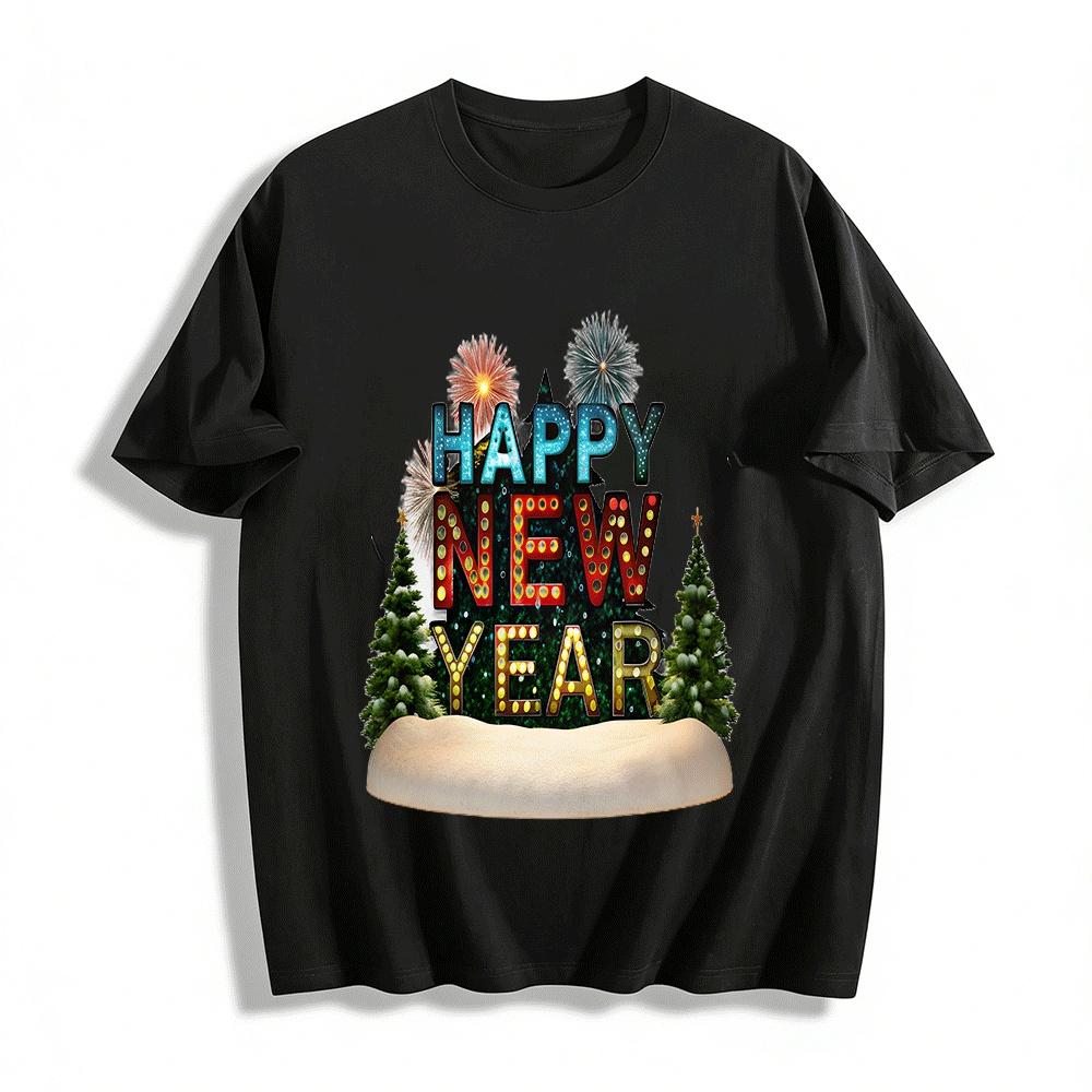 Happy New Year Firework Christmas Tree Print Casual Top Pure cotton T-shirt XXS