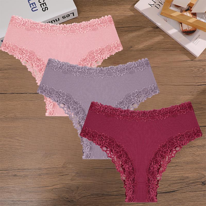 FINETOO 3Pcs Women Cotton Lace Panties Floral Intimate Briefs High Waist Brazilian Panties Female Soft Underpants Lingerie S-XXL