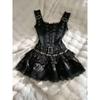 Summer Vintage Gothic Mini Dress Female Dark Subculture Punk Sleeveless Black Dress Y2K Aesthetic Lace Casual Party