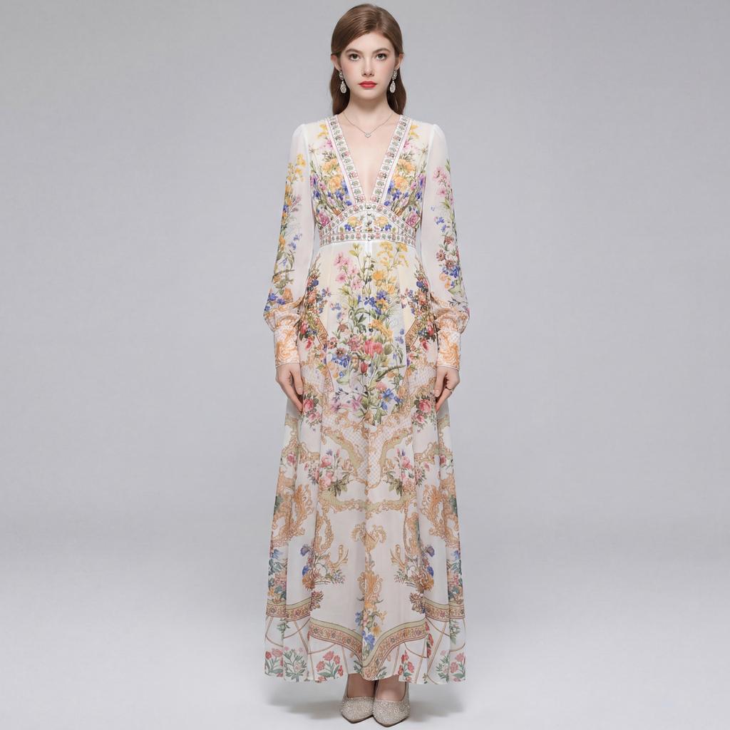 Summer Holiday Gorgeous Flower Beach Dress Women Deep V-Nek Long Sleeve Floral Print High Elastic Waist A-Line Maxi Dress
