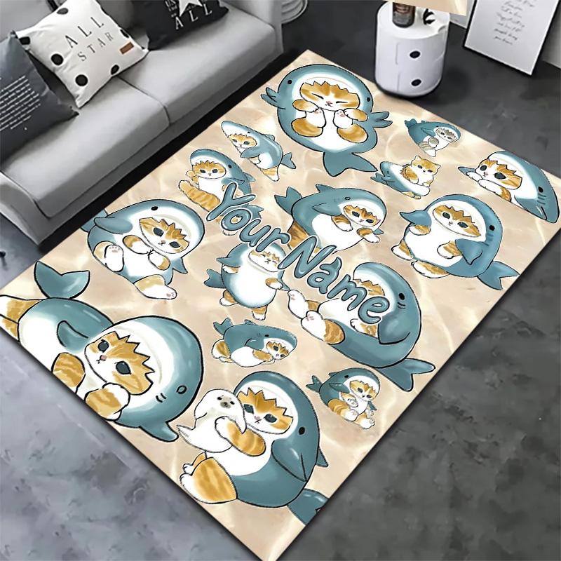 Penguin Cats Adventure Custom Name Carpet Rug For Living Room Bedroom Home Sofa Decoration Kids Play Nonslip Floor Mat