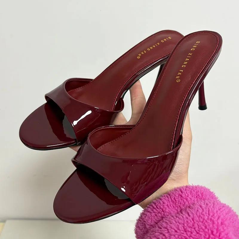 Fashion Elegant Thin High Heel Women Slippers Sexy Peep Toe Slides Sandals Patent Leather Wedge Heeled Sandals Summer Party Dress Shoe