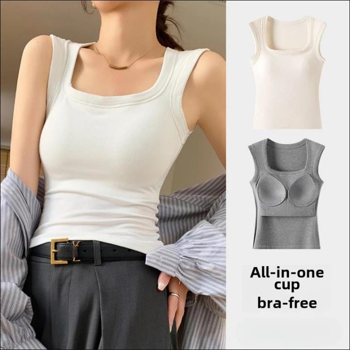 Wide Shoulder Strap Women's Vest with Chest Pad Summer All-match I-shaped Vest Slim Fit Base Top O