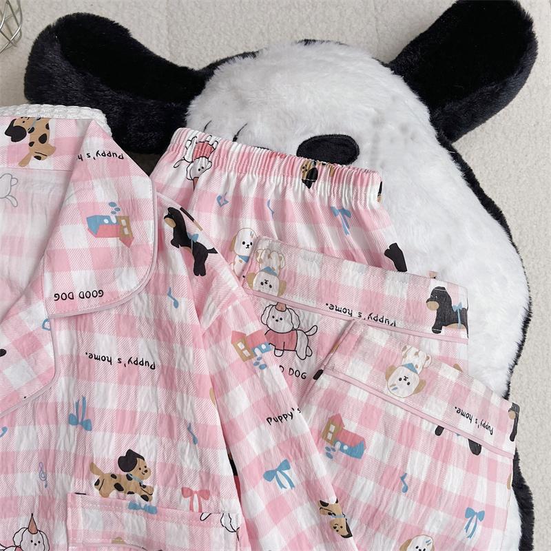 Cartoon Süß Niedlich Buchstaben Hunde Print Damen Pyjama Reverskragen Karomuster Koreanisches Design Pyjama Set für Damen Neue Frühling Nachtwäsche
