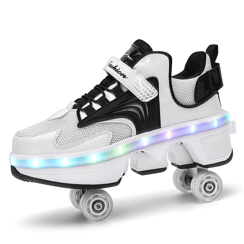 Kids Glowing Sneakers Kids Roller Skates for 6-15 Years Old Four-wheel Deformation Can Walk Can Skate Skates Mens Roller Sneakers