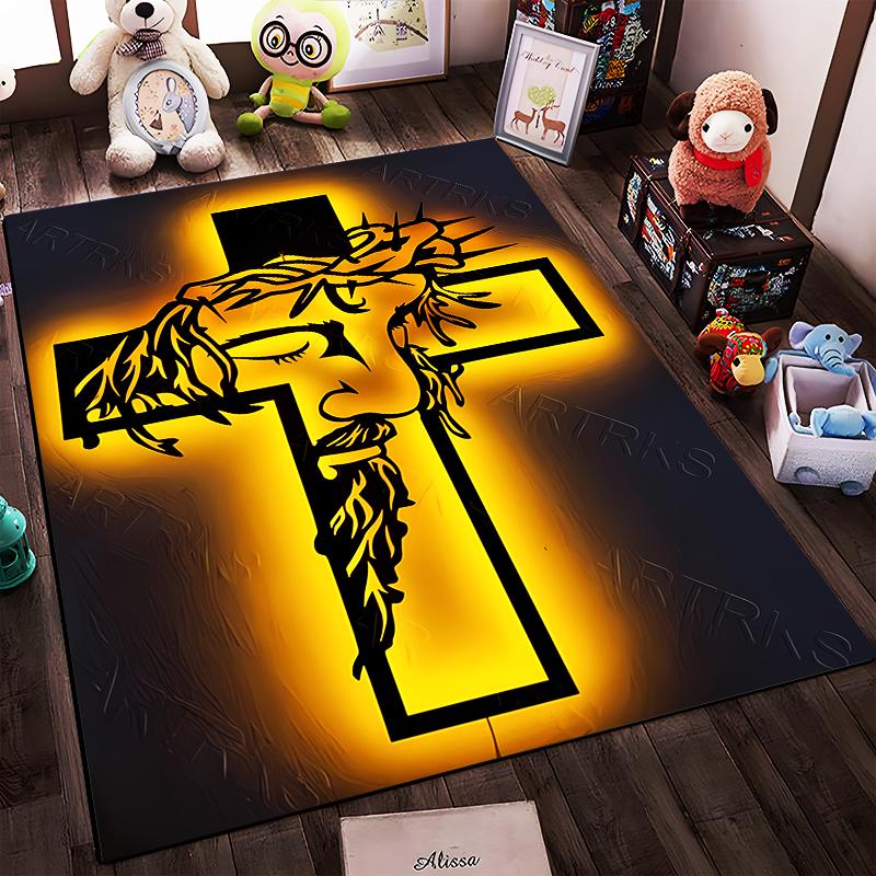 Christ Cross Printed Flannel Non-Slip Carpet Suitable for Living Room Home Decor