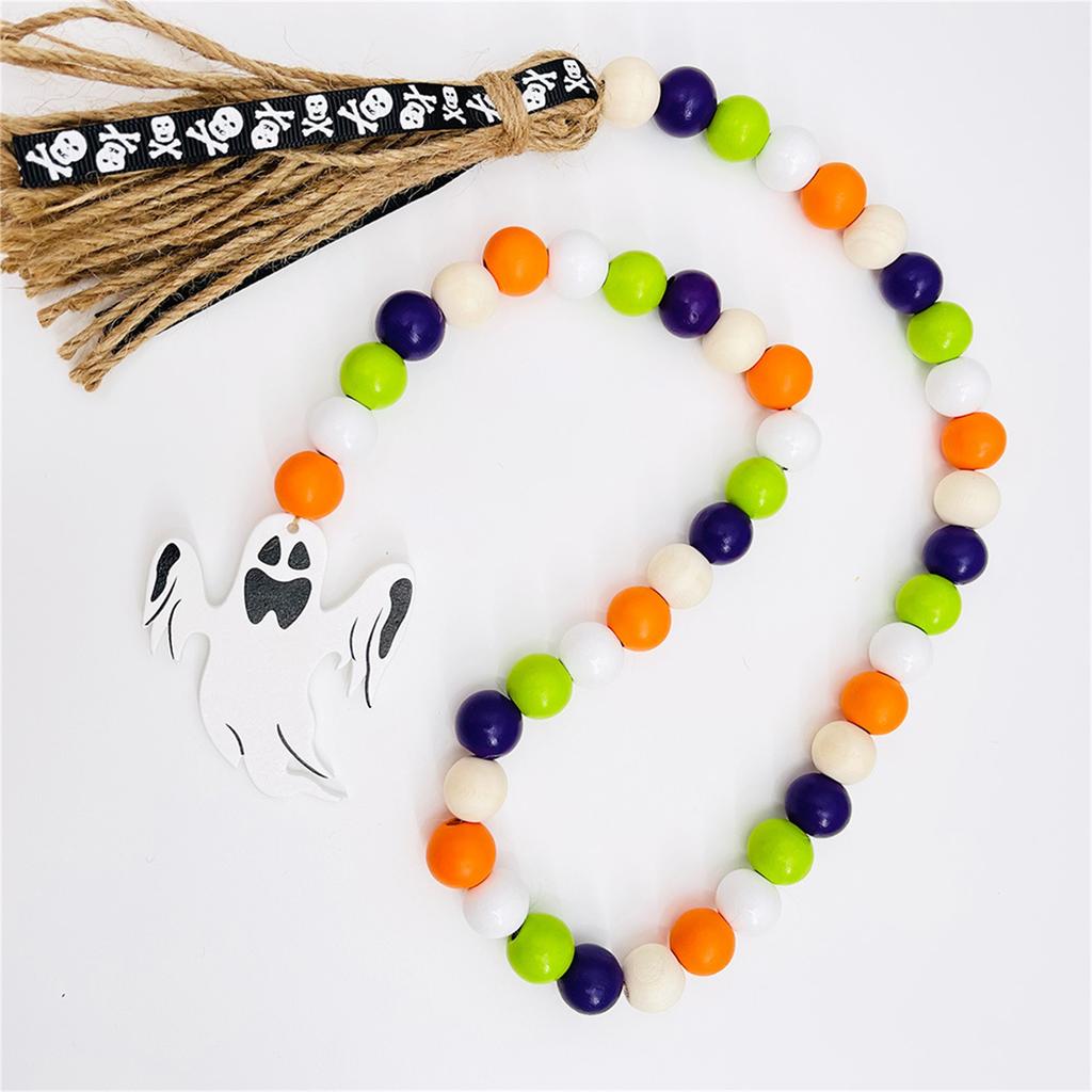 Spooky Halloween Wooden Beads Garland with Tassel and Pumpkin Skeleton Tag Tiered Tray Decor for Festive Home Party Supplies