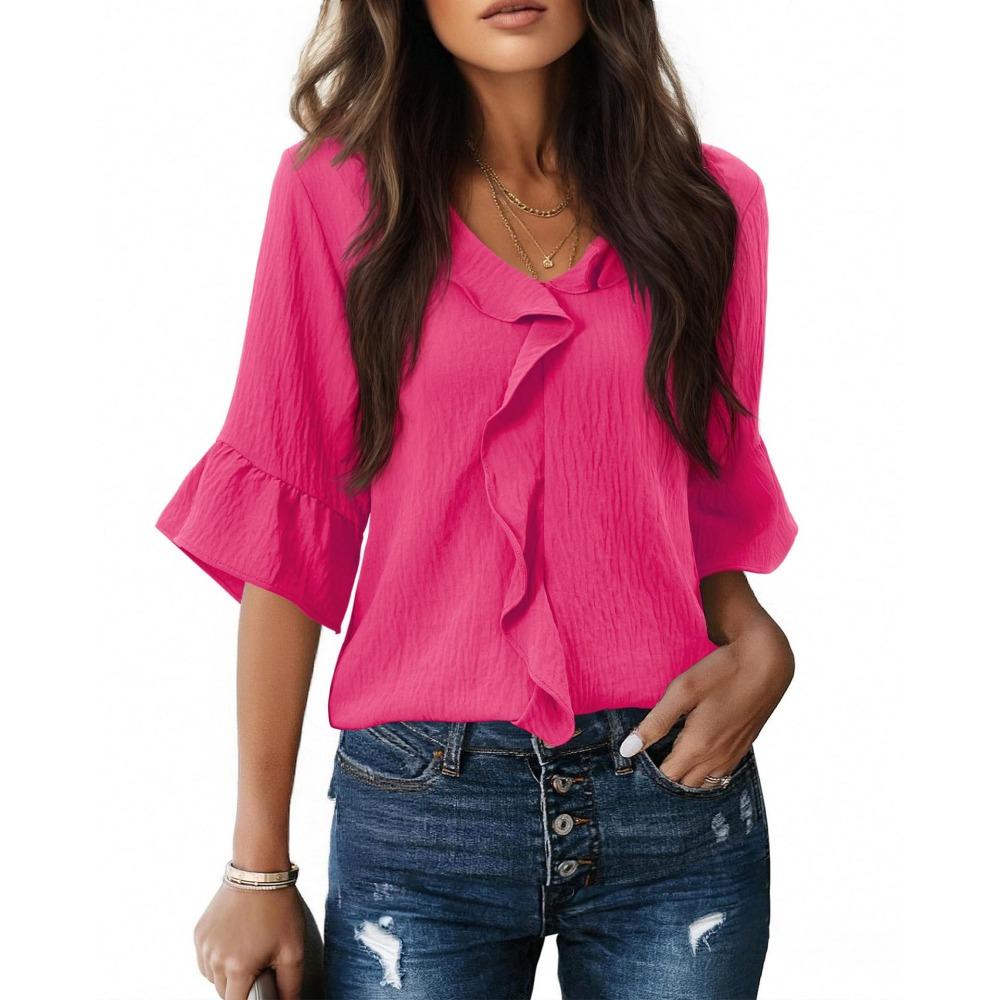 Modisches Lockeres V-Ausschnitt Spitzenbesetztes Fünf-Knopf Kurzarm Rüschen Freizeit Oberteil