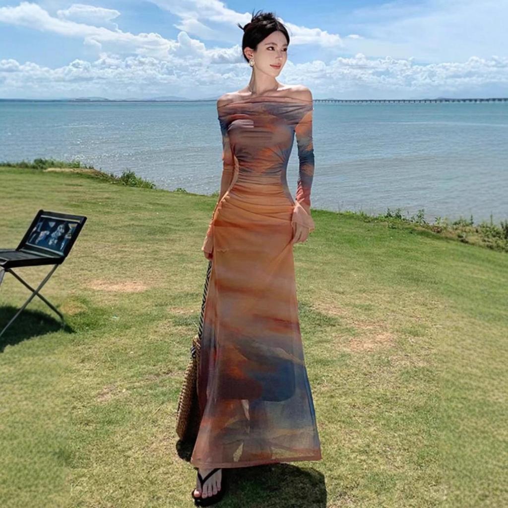 Sunset tiedye printed swinging collar dress, feminine temperament, slimfitting waist and thin holiday dress