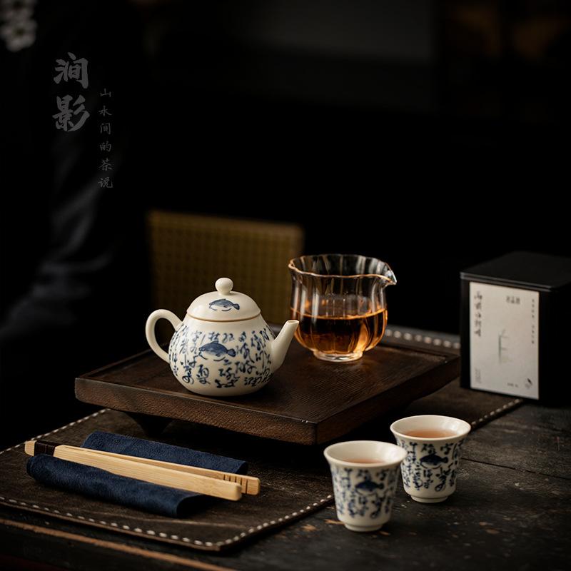 Retro blue and white teapot teacup kung fu tea set small household one pot two cups 1 person tea set gift
