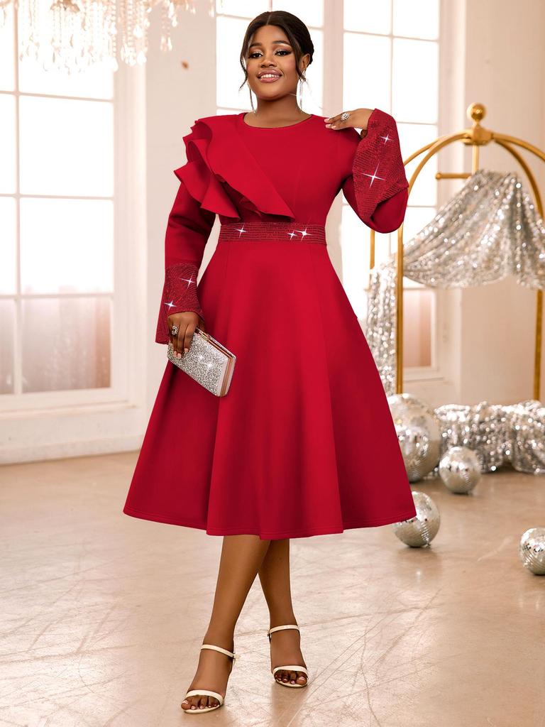 Plus Size Women's Light Blue Rhinestone Ruffle Sleeve A-Line Mid-Length Formal Dress