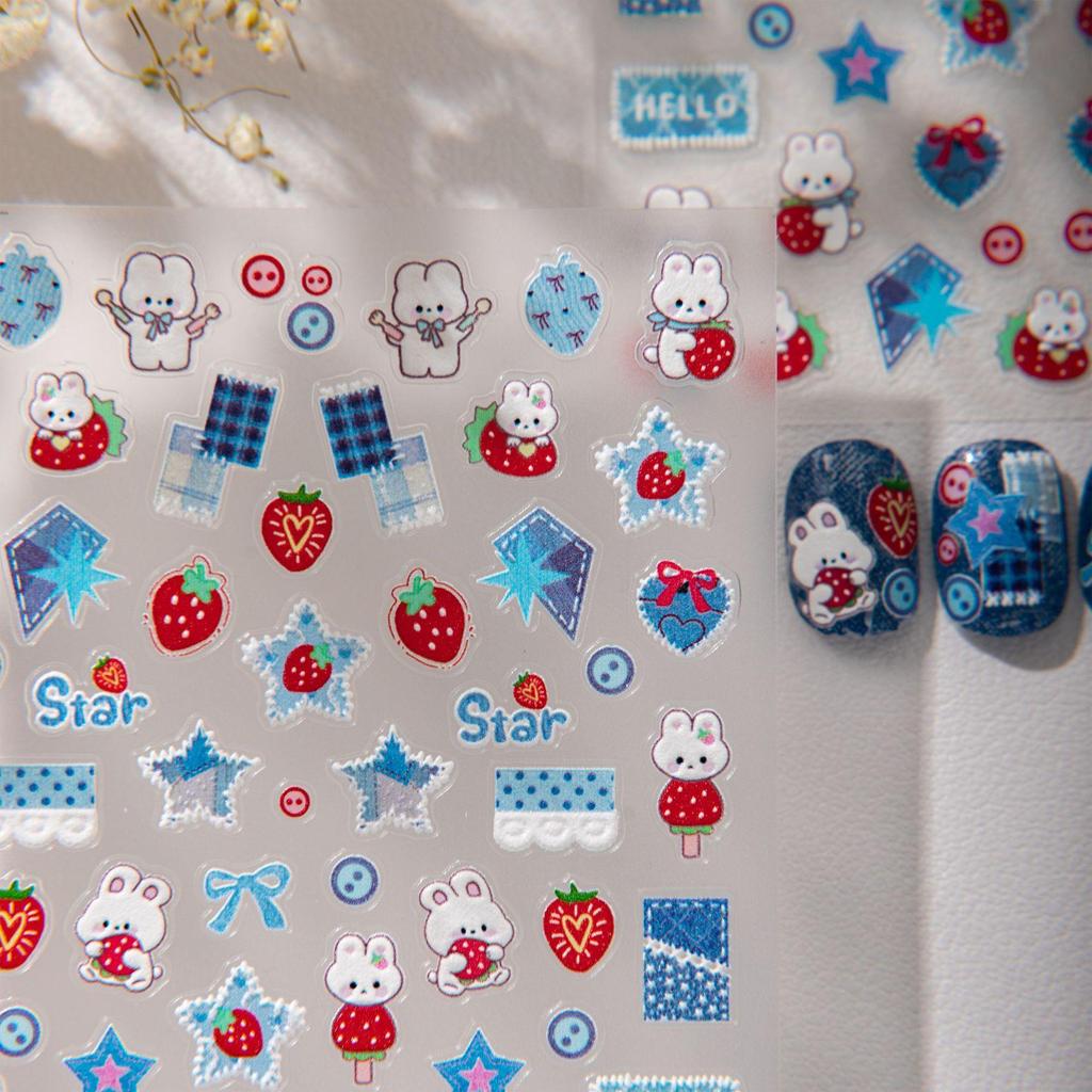 Retro Blue Denim Bunny Nail Art Stickers with Stars, Hearts, and Bow Embossed - Perfect for DIY Journals