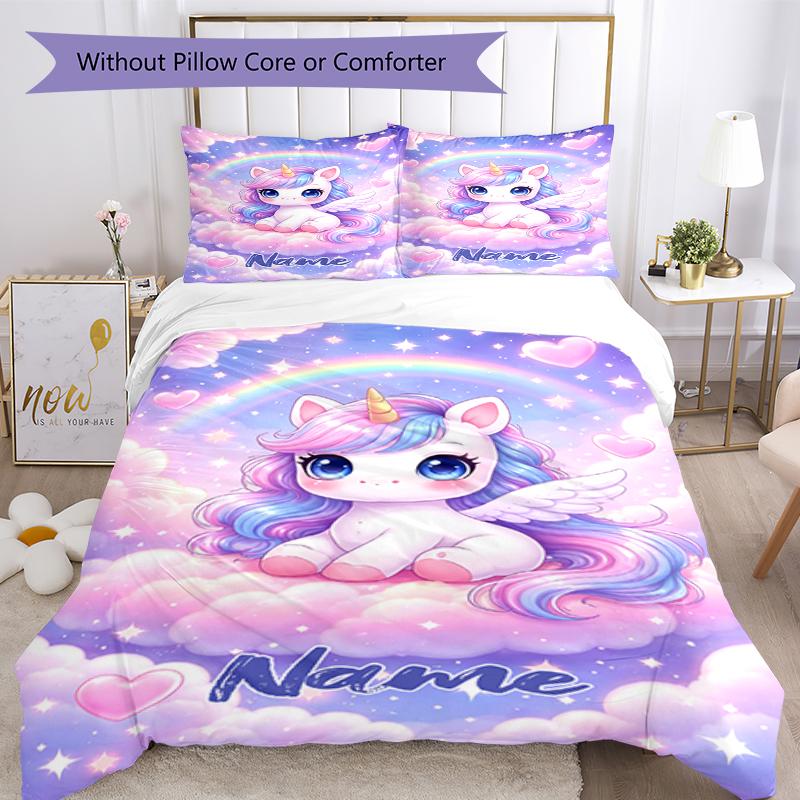 3pcs Custom Name Unicorn Bedding Set Duvet Cover Closure Includes 1 Duvet Cover & 2 Pillowcases, Soft and Comfortable for All Seasons.