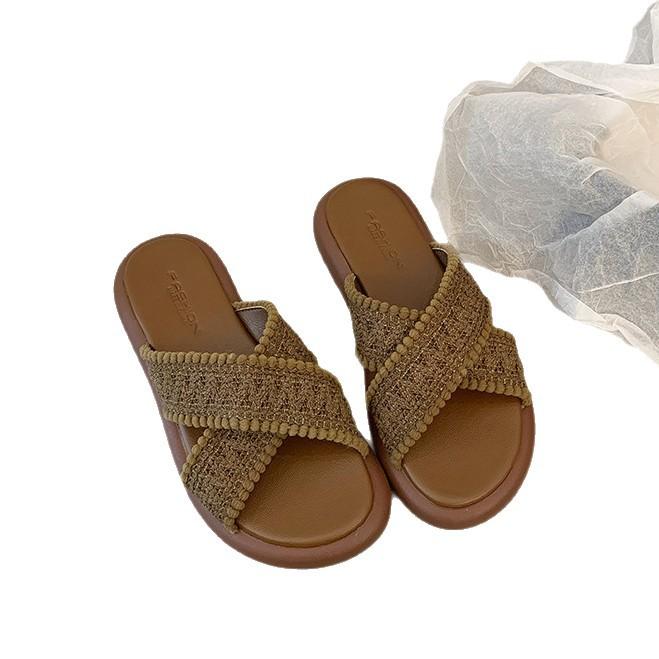 White Retro Woven Thick-soled One-word Slippers for Women's Summer Wear 2025 New Models with Skirts To Increase Height and Cool Slippers