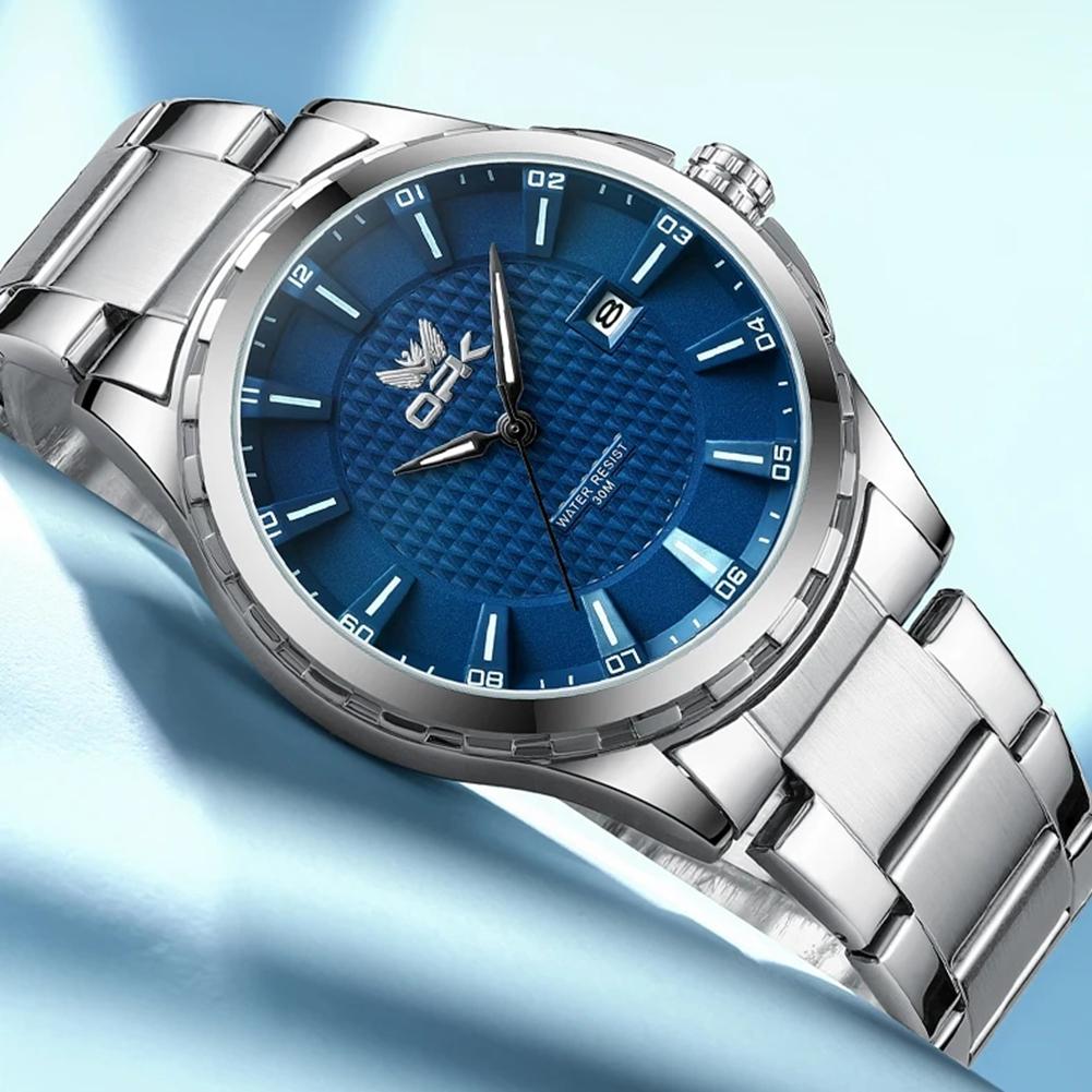 

Men s Watch Waterproof Quartz Business Casual Wristwaches Stainless Steel Strap Date Clock срібний/синій