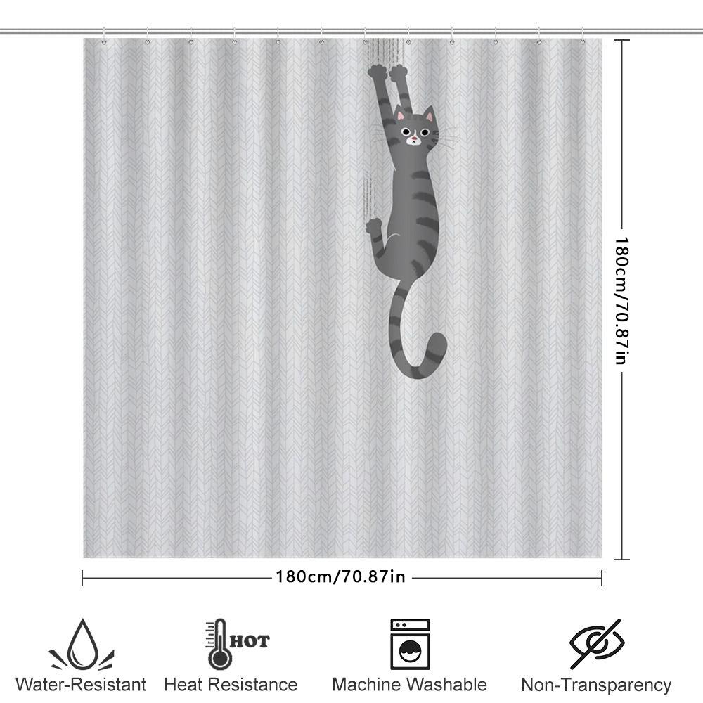 Cat-Themed Shower Curtain With Gray Stripes And Hanging Pattern Decorative Bathroom Accessory For Kids Or Adults Add A Touch Of
