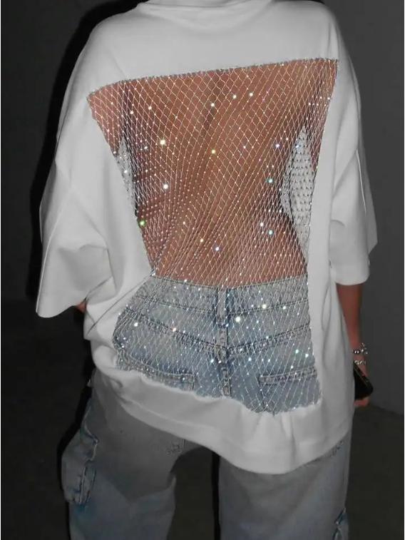 

2025 Women s Solid Color Backless Mesh Top with Mid-Sleeves XL білий