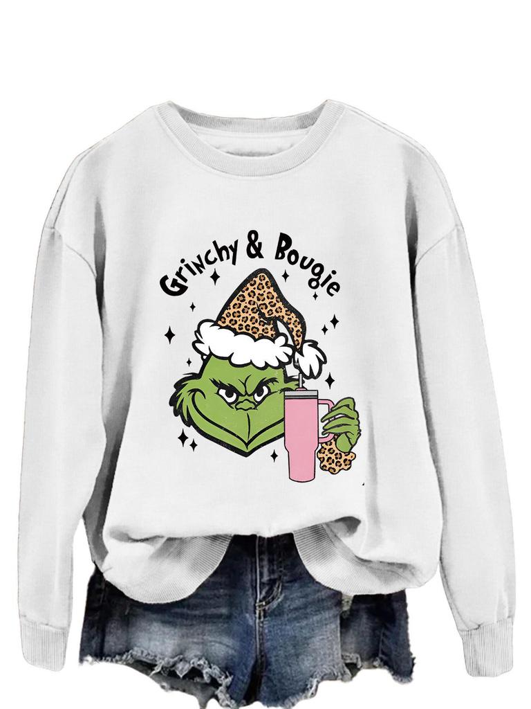 Women's Fashionable Leopard Print Christmas Sweatshirt with Grinchy Hat Design