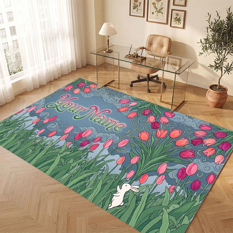 Floral Garden Theme Crystal Velvet Floor Rug Personalized Custom Name Text Warm Carpet Home Decoration
