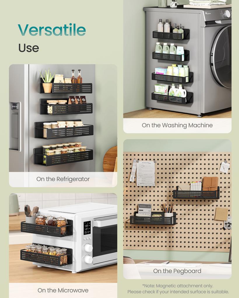 SONGMICS Magnetic Spice Racks, Set of 4, 2 Large and 2 Small Shelves, Spice Organisers, No Drilling Needed, Kitchen Shelf for Refrigerator, Microwave