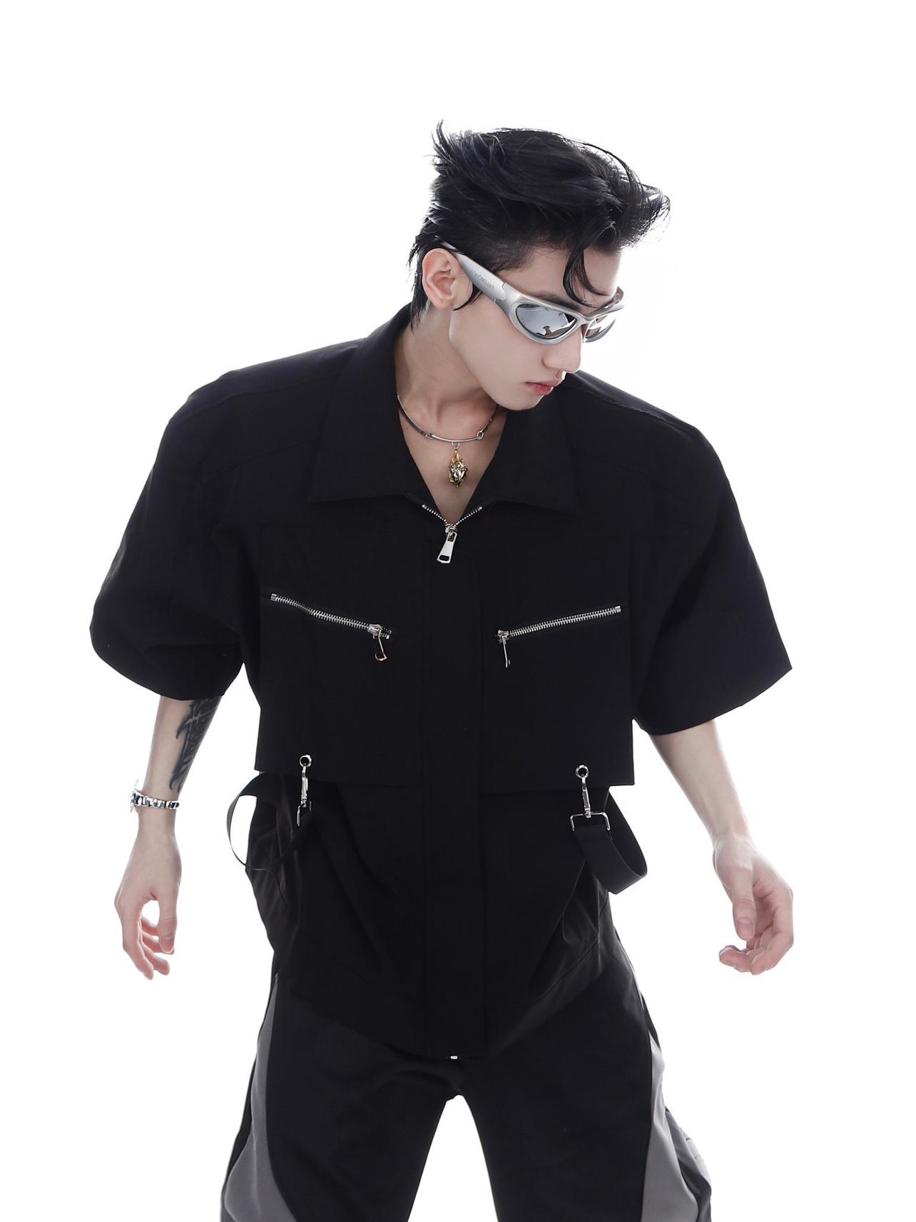 

Мужская футболка-кардиган с коротким рукавом и подплечниками с металлической молнией XL чёрный