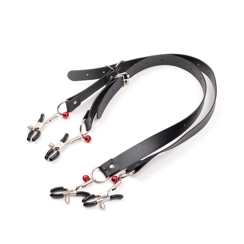 Black Leather Harness Set – Nipple Clamps, Labia Clips & Restraints for Fetish Bondage & Erotic Couple Play