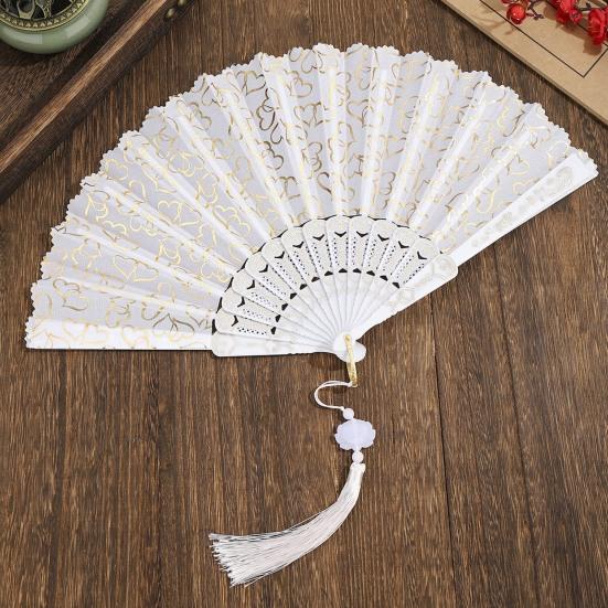 Love Heart Print Folding Fan with Tassel Chinese Style Portable Hollow Ribs Hand Fan Women Dance Performance Props Party Favors