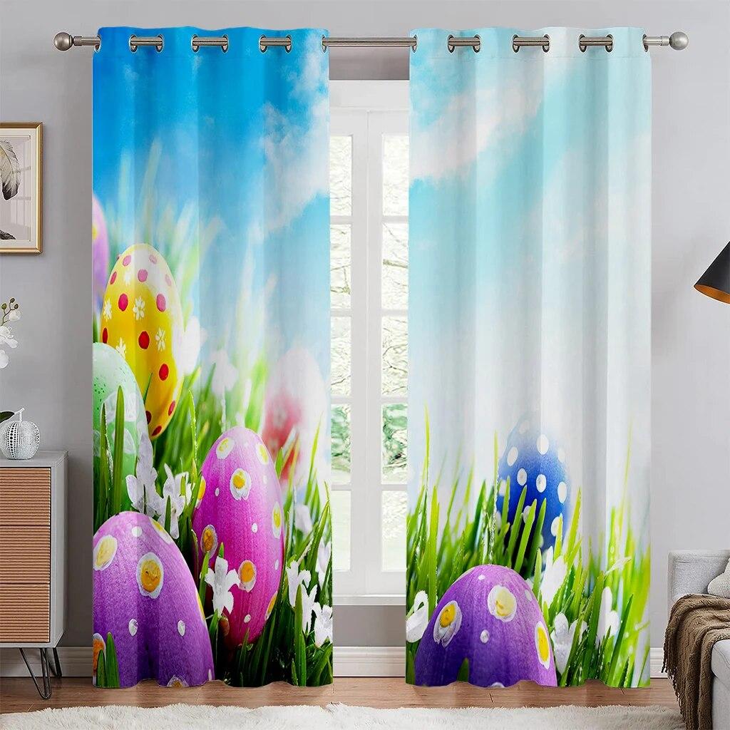 

Easter Bunny Egg Printed Rod Pocket Curtains Colorful Holiday Decor For Living Room Bedroom Office 2pcs W50xH130(CM)x2PCS-Rod pocket