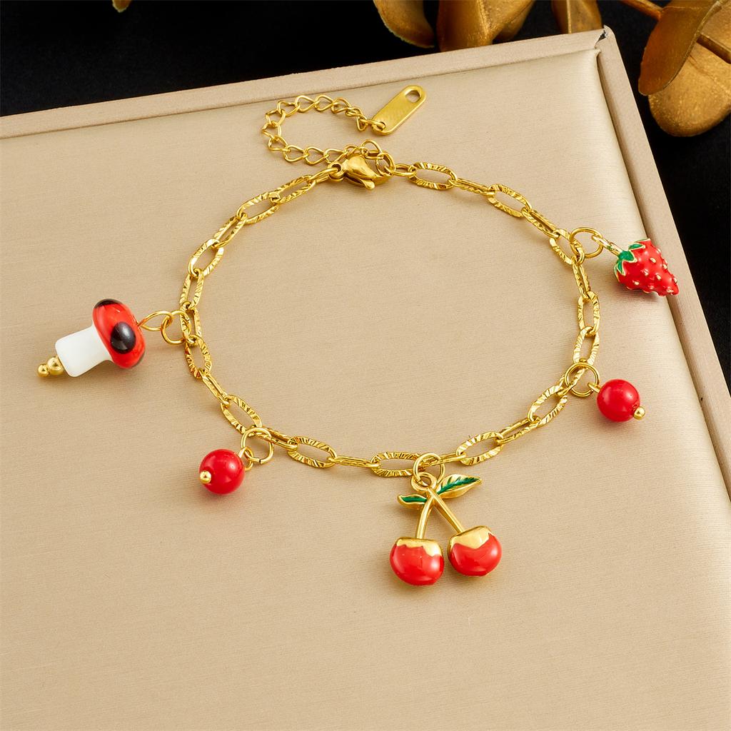 DIEYURO 316L Stainless Steel Cute Red Cherry Strawberry Plant Pendant Bracelet Lady New Fashion Classic Wrist Chain Jewelry Gift