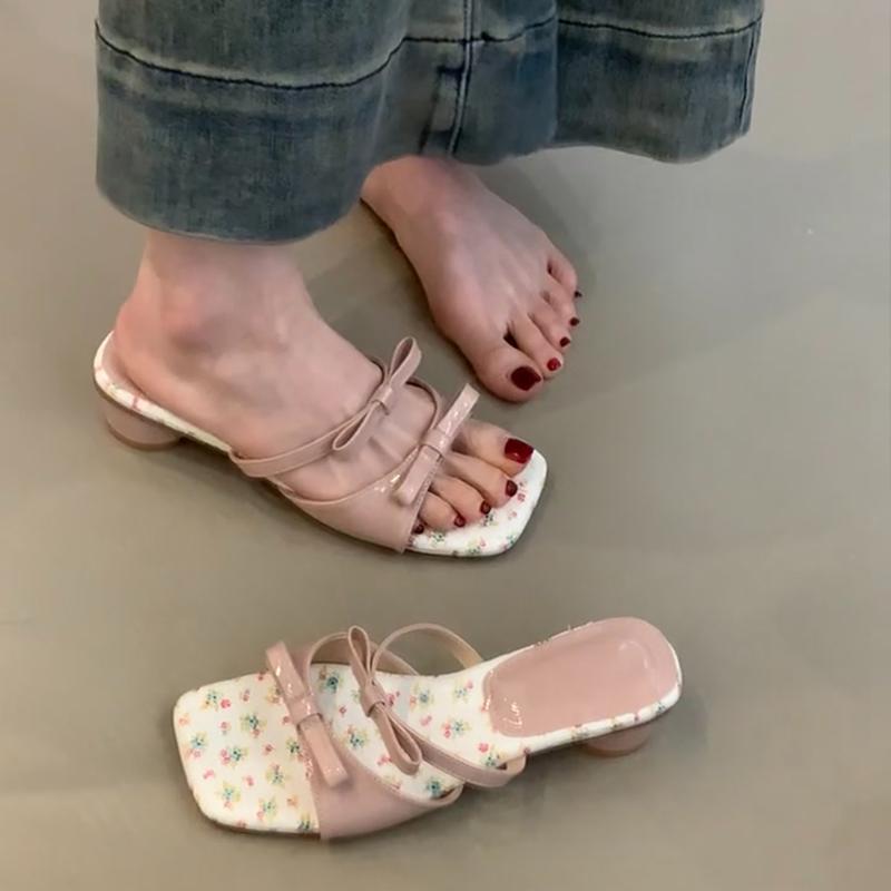 Sommer Damen Sandalen mit eckiger Zehenpartie, niedrigen Absätzen, schlichten Schleifen-Slippern, Party, Hochzeit, Bonbonfarben, Damenschuhe
