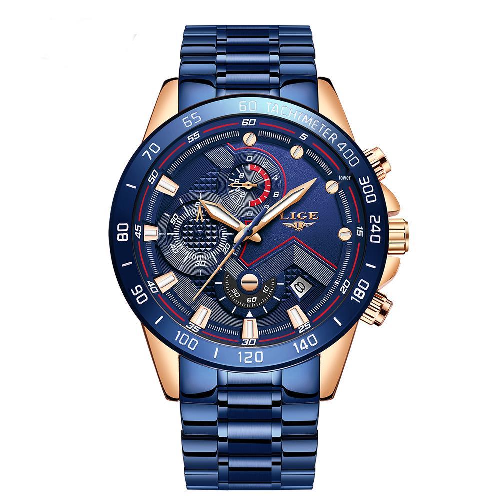 

LIGE Men s Multifunctional Quartz Chronograph Watch with Three Subdials, Six Hands, and Waterproof Design.