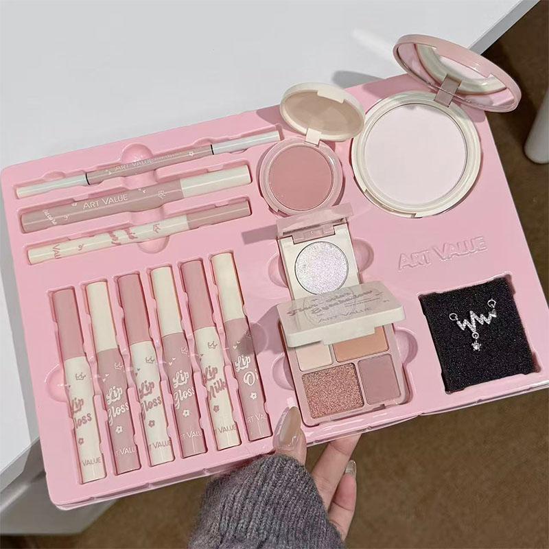 Make-up Set Bevat 4 Lipglans, 1 Lipolie, 1 Lippenstift, 1 Oogpotlood, 1 Mascara, 1 Wenkbrauwpotlood, 1 Rouge, 1 Highlighter, 1 Oogschaduw, 1 Poeder gray