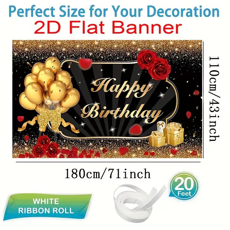2D Happy Birthday Background Cloth Black Gold with Balloons & Gifts Banner