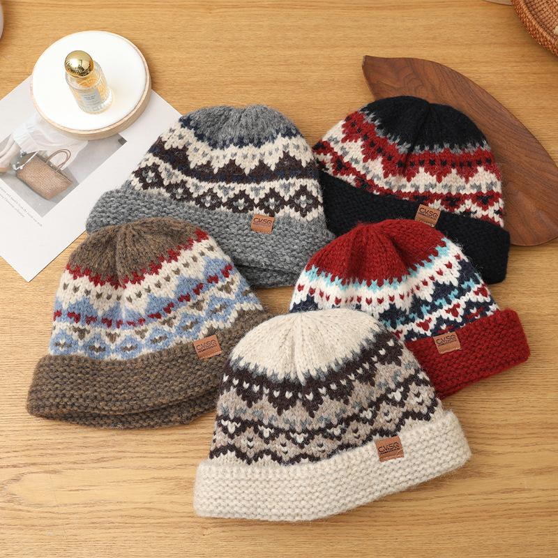 Fair Island Style Thickened Versatile Knitted Hat for Women In Autumn and Winter Windproof Ear Protection Hat Outdoor Casual Warm Wool Hat